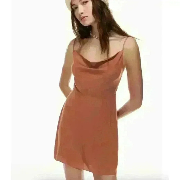 ARITZIA Cowl Neck Strappy A Line Mini Slip Dress Brown Smocked Back XS - Picture 2 of 10